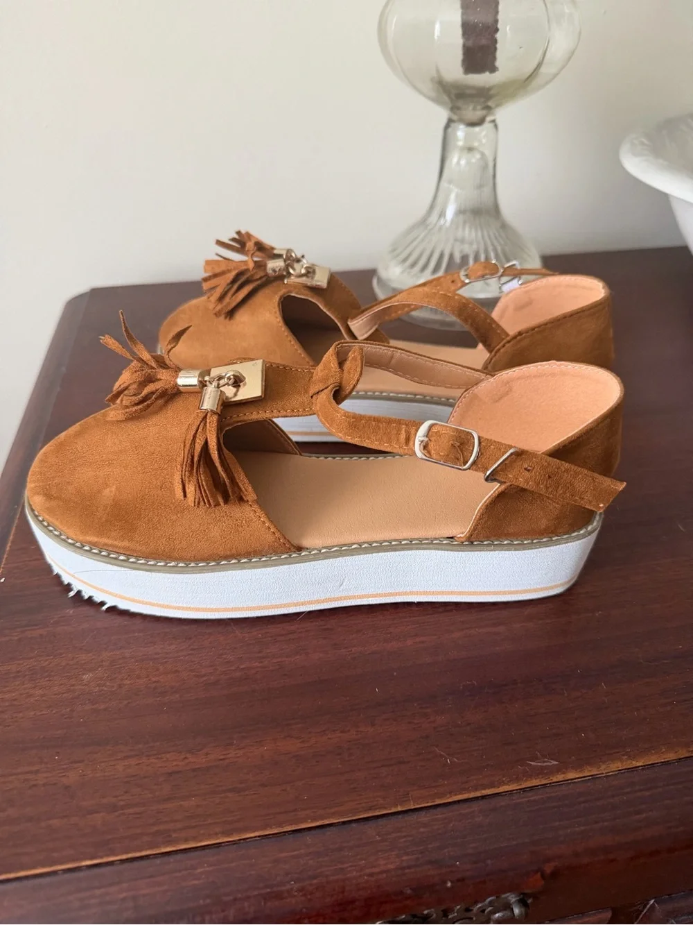 Women's Tan Suede Tassel Platform Sandals with Ankle Strap